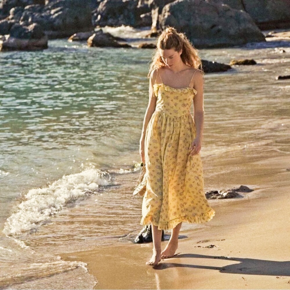 DOEN Wendelin Midi Tie Shoulder Dress In Sunshine Bounton De Rose Yellow/Floral